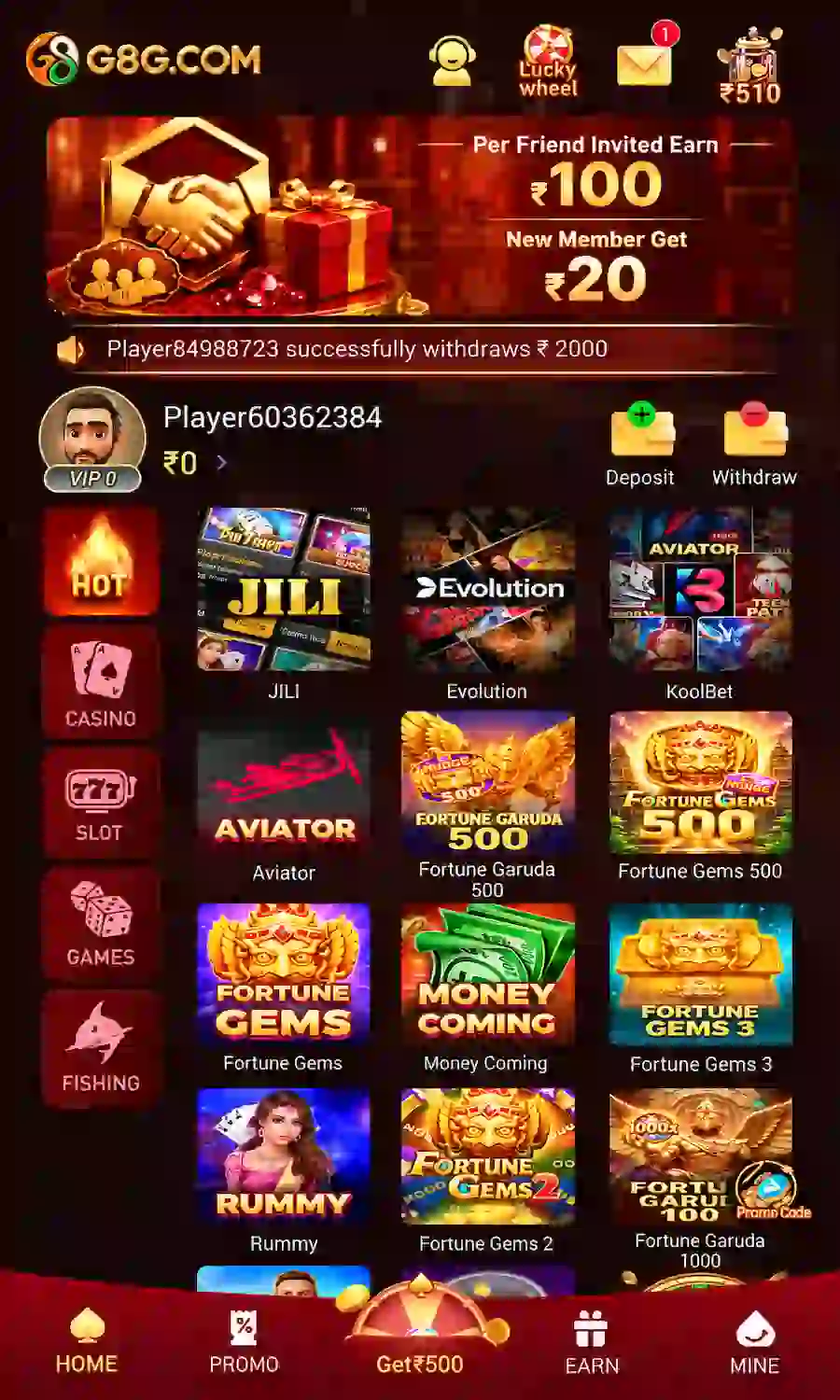 G8G Game app screen showing game categories and game tiles